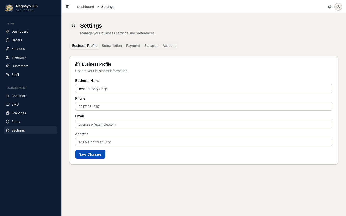 Business profile and subscription settings